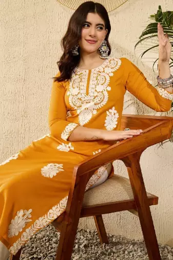 Women yellow viscose rayon round neck embroidered straight kurta