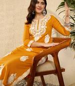 Women yellow viscose rayon round neck embroidered straight kurta