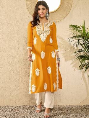 Women yellow viscose rayon round neck embroidered straight kurta 2
