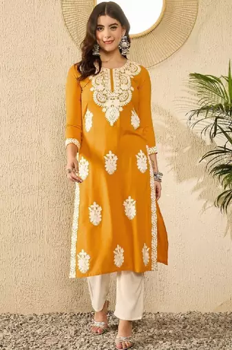 Women yellow viscose rayon round neck embroidered straight kurta
