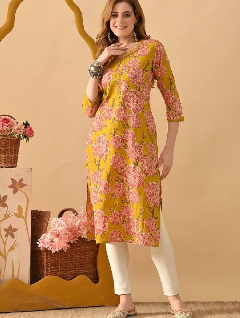 Floral printed cotton straight kurta