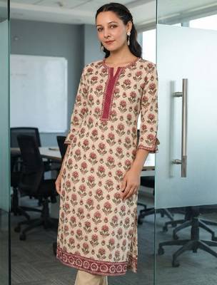 Floral printed notch neck thread work pure cotton kurta 1