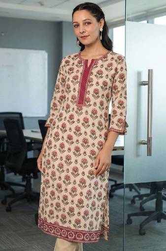 Floral printed notch neck thread work pure cotton kurta