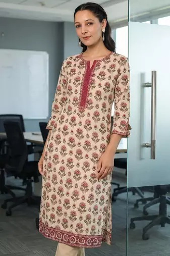 Floral printed notch neck thread work pure cotton kurta
