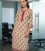 Floral printed notch neck thread work pure cotton kurta