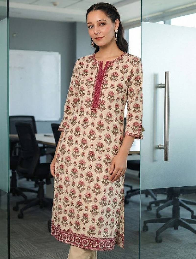 Floral printed notch neck thread work pure cotton kurta