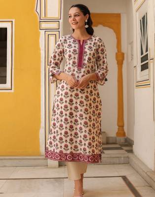 Floral printed notch neck thread work pure cotton kurta 2