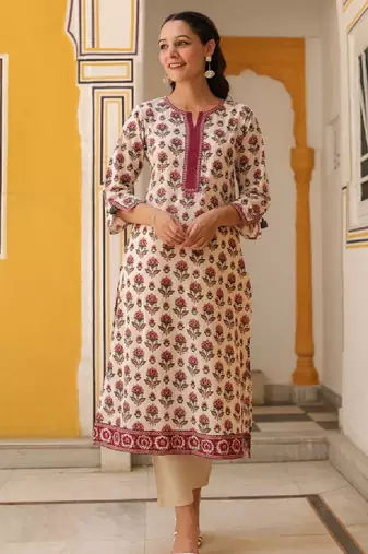 Floral printed notch neck thread work pure cotton kurta