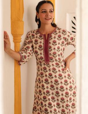 Floral printed notch neck thread work pure cotton kurta 3