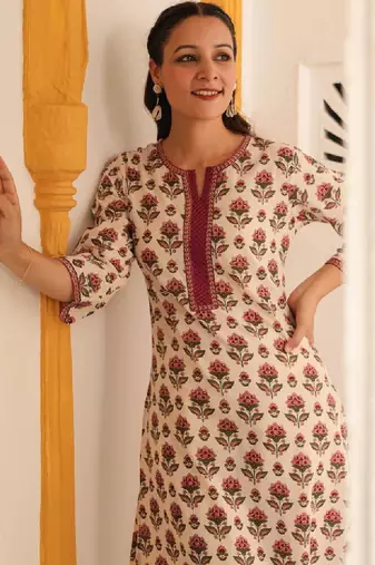 Floral printed notch neck thread work pure cotton kurta
