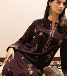 Floral embroidered mandarin collar thread work woollen straight kurta