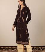 Floral embroidered mandarin collar thread work woollen straight kurta