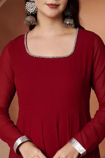 Scoop neck beads and stones pure georgette anarkali kurta
