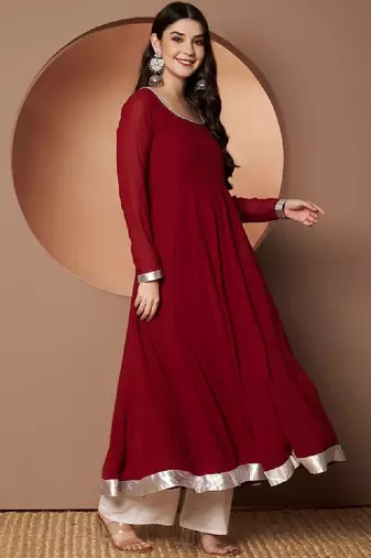 Scoop neck beads and stones pure georgette anarkali kurta