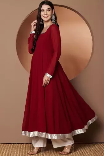 Scoop neck beads and stones pure georgette anarkali kurta