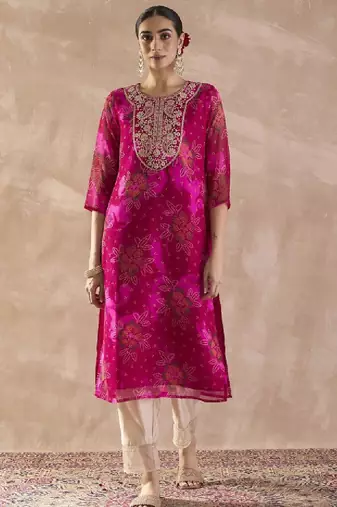 Floral embroidered straight zari work kurta