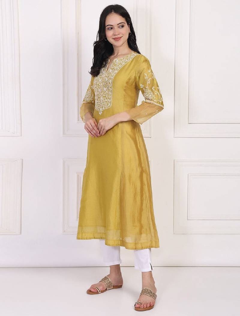 Embroidered notch neck thread work cotton a-line kurta