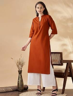 Women solid mandarin collar regular straight pure cotton kurta 1