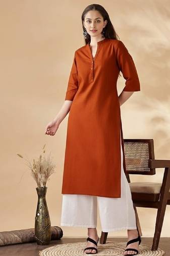 Women solid mandarin collar regular straight pure cotton kurta