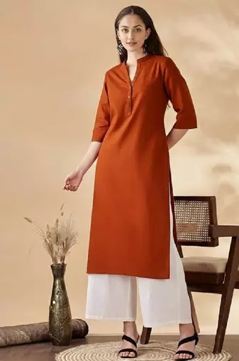 Women solid mandarin collar regular straight pure cotton kurta