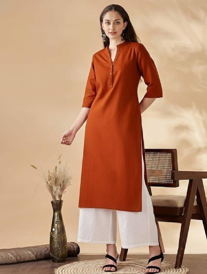 Women solid mandarin collar regular straight pure cotton kurta