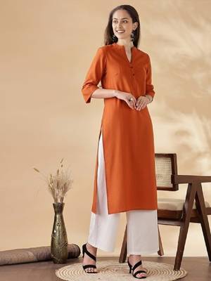 Women solid mandarin collar regular straight pure cotton kurta 3