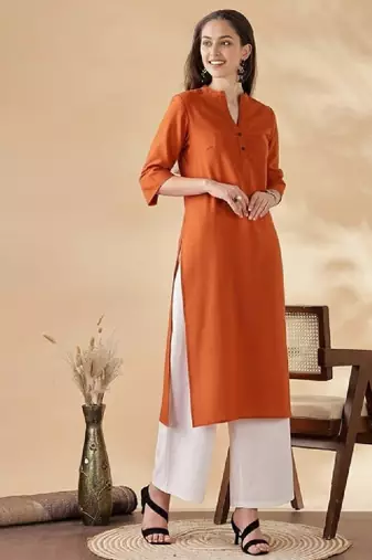 Women solid mandarin collar regular straight pure cotton kurta
