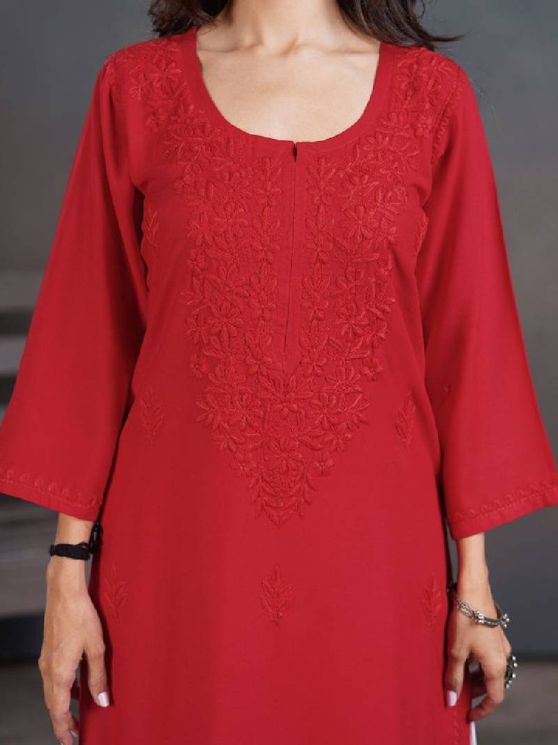 Chikankari embellished straight calf length kurta
