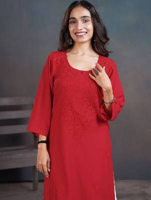 Chikankari embellished straight calf length kurta 2