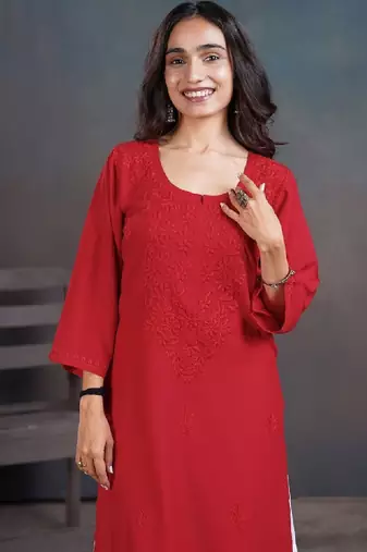 Chikankari embellished straight calf length kurta