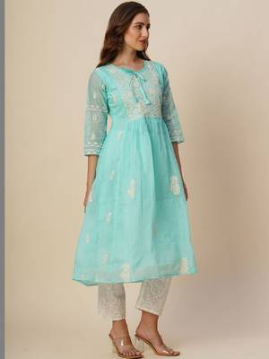 Women muga cotton flared chikankari embroidered kurta 1