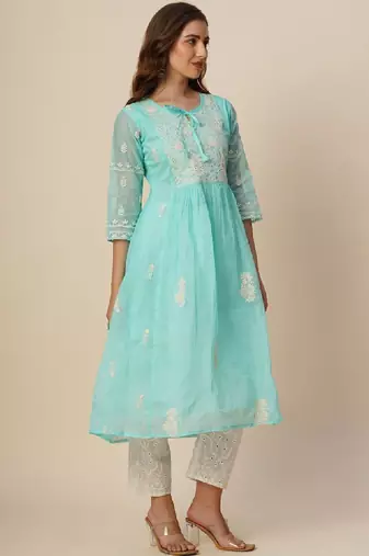 Women muga cotton flared chikankari embroidered kurta