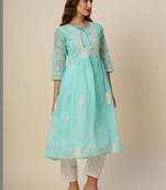 Women muga cotton flared chikankari embroidered kurta
