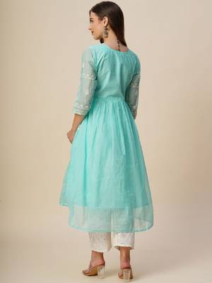 Women muga cotton flared chikankari embroidered kurta 2