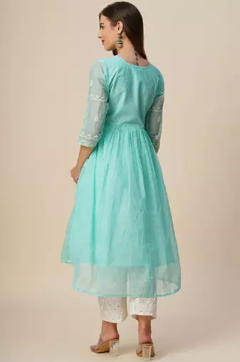Women muga cotton flared chikankari embroidered kurta