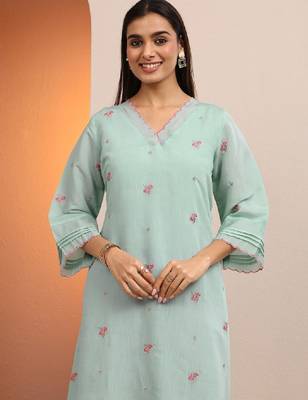 Women blue embroidered chanderi cotton a-line kurta 1