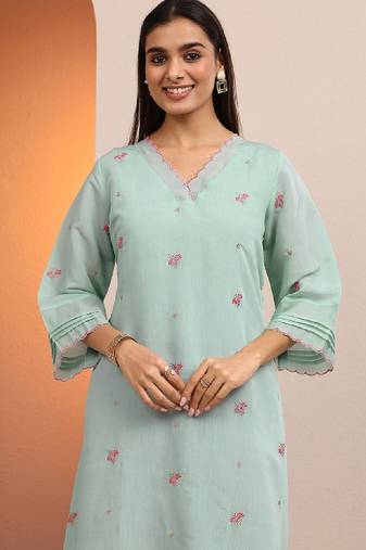 Women blue embroidered chanderi cotton a-line kurta
