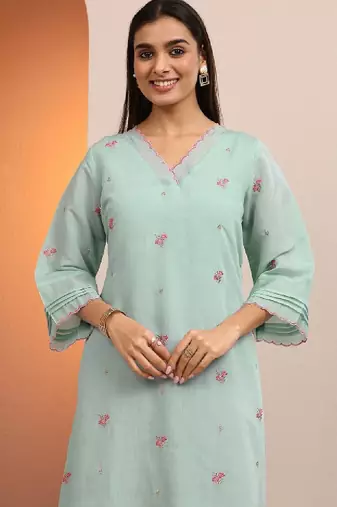 Women blue embroidered chanderi cotton a-line kurta