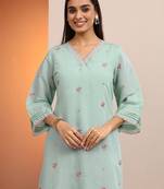 Women blue embroidered chanderi cotton a-line kurta