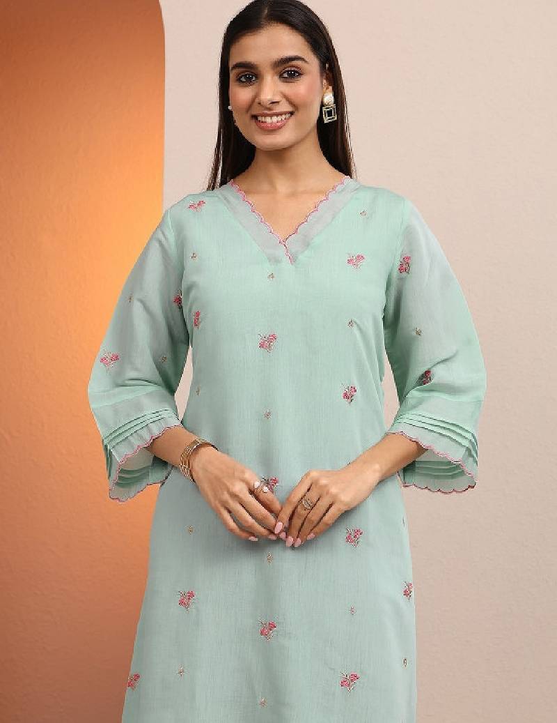 Women blue embroidered chanderi cotton a-line kurta