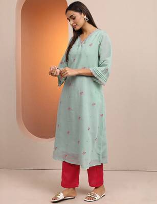 Women blue embroidered chanderi cotton a-line kurta 2