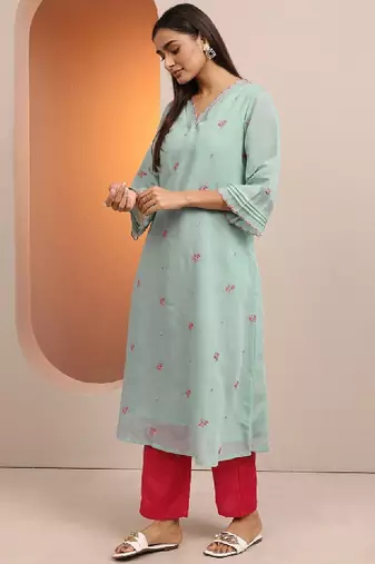 Women blue embroidered chanderi cotton a-line kurta