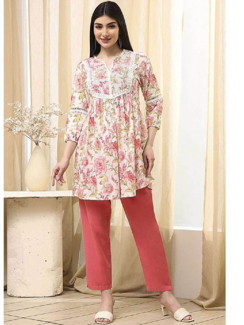 Women floral printed thread work anarkali kurta