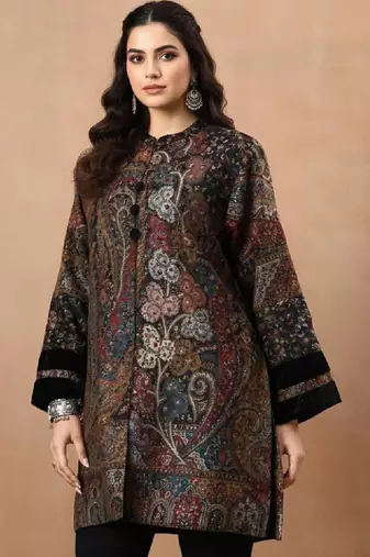 Women paisley flared sleeves floral jacquard kurta
