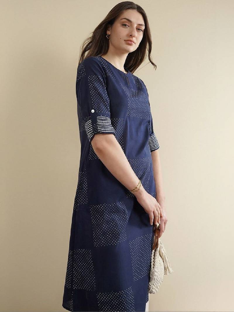 Fort cotton geometric straight calf length kurta