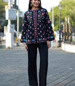 Black floral embroidered notch neck thread work straight cotton kurta