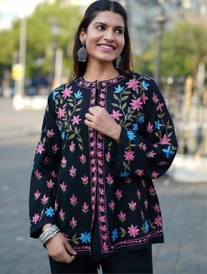 Black floral embroidered notch neck thread work straight cotton kurta 2