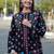 Black floral embroidered notch neck thread work straight cotton kurta