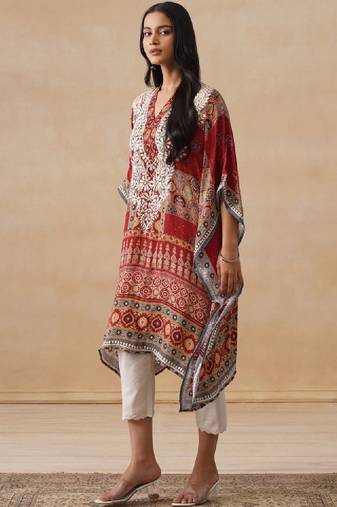 Women rust printed crepe kaftan kurta