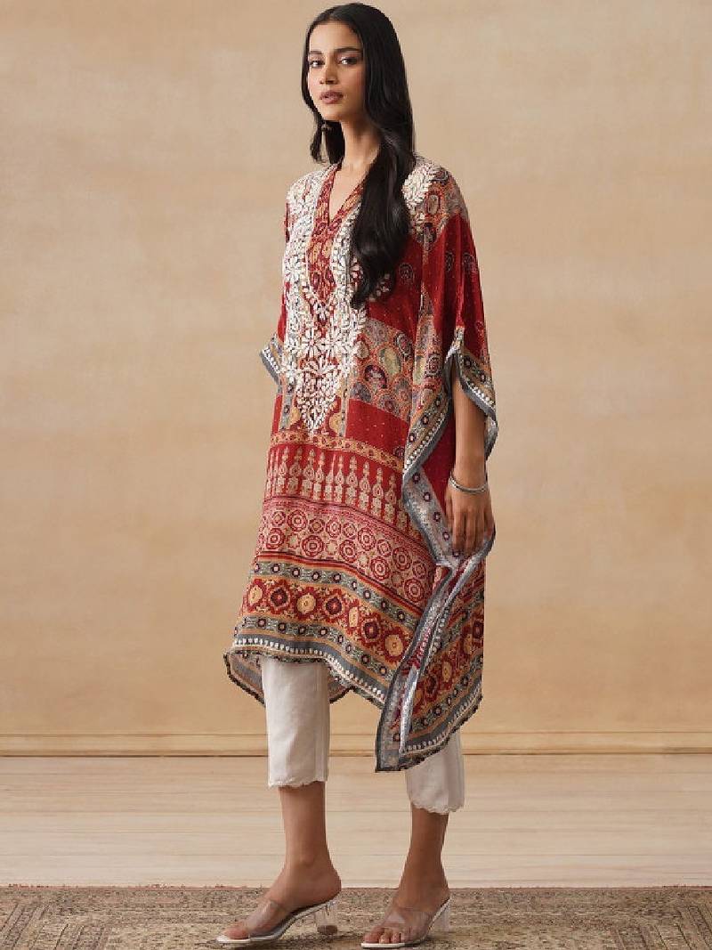 Women rust printed crepe kaftan kurta